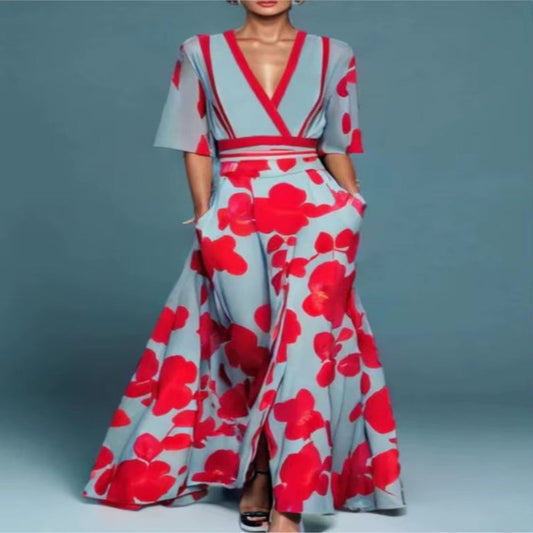 2024 Women'S Spring Autumn New Fashionable Printed Sexy Deep V-Neck Shrink Fold Belt Temperament Commuter Short Sleeved Dress